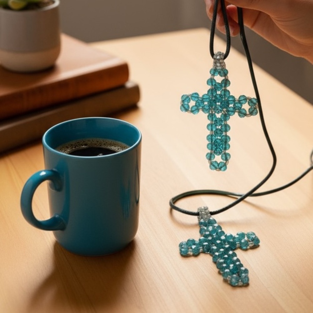 Hand-Beaded Turquoise Cross Pendant Necklace